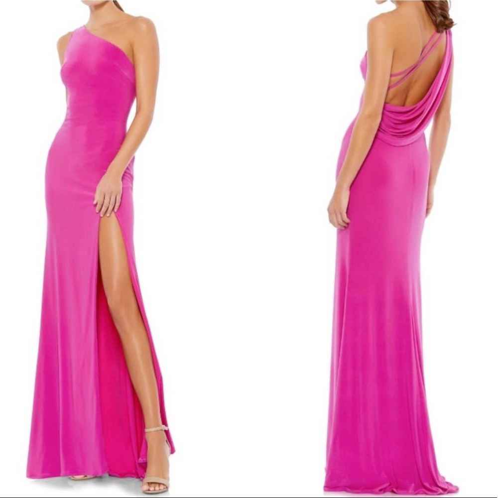 Max Duggal One Shoulder Jersey Sheath Gown Pink